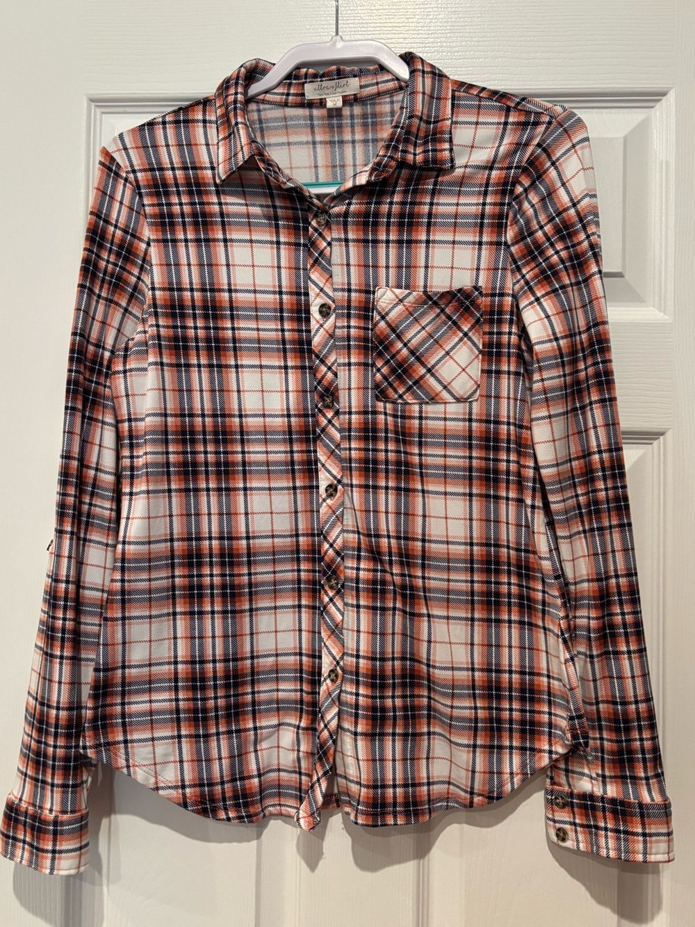 Ultra Flirt Plaid Flannel Button Front Shirt Peach Blue Juniors Medium